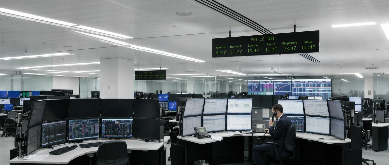 Panoramic trading floor with two Egad-installed displays